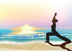 vrouw doet yoga op het strand bij zonsopgang vector
