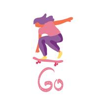 Stijlvolle girl skater in jeans en sneakers. Skateboard. Vector illustratie voor een briefkaart of een poster, afdrukken voor kleding. Straatculturen.