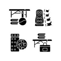 terug massage apparatuur zwarte glyph pictogrammen instellen op witruimte. draagbare tafel. acupressuurmat en vibrerende pad. lichaamsrecreatie en -behandeling. silhouet symbolen. vector geïsoleerde illustratie