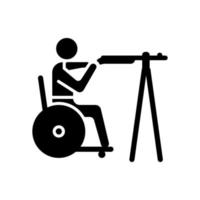 rolstoel schieten zwarte glyph pictogram. atleet tonen nauwkeurigheid. het raken van doelen van verschillende afstanden. sporter met een handicap. silhouet symbool op witte ruimte. vector geïsoleerde illustratie