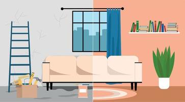 kamer voor en na reparatie. interieur renovatie. vlakke stijl, vectorillustratie. vector