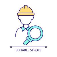 controle van industriële processen RGB-kleurenpictogram. ingenieur met vergrootglas. kwaliteitsmanagement. geïsoleerde vectorillustratie. eenvoudige gevulde lijntekening. bewerkbare streek. arial lettertype gebruikt vector