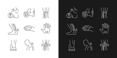 gezamenlijke problemen lineaire pictogrammen instellen voor donkere en lichte modus. spierpijn. pezen stijfheid. artritis symptomen. aanpasbare dunne lijn symbolen. geïsoleerde vectoroverzichtsillustraties. bewerkbare streek vector