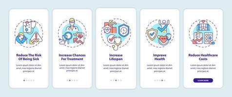 check ups voordelen onboarding mobiele app paginascherm. verbetering van de gezondheid walkthrough 5 stappen grafische instructies met concepten. ui, ux, gui vectorsjabloon met lineaire kleurenillustraties vector