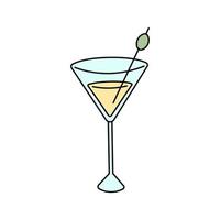 martini-glas met olijven in doodle-stijl. leuke tekenfilmcocktail. vectorillustratie geïsoleerd op een witte achtergrond vector
