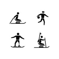 winterseizoen atletiek zwarte glyph pictogrammen instellen op witruimte. adaptieve competitieve disciplines. sporten met apparatuur. gehandicapte sporters. silhouet symbolen. vector geïsoleerde illustratie