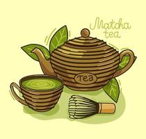 matcha-thee - Aziatische drank. theepot, matcha theeblaadjes, beker. vectorillustratie. vector