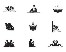 Lezen boek logo en symbolen silhouet illustratie zwart. vector