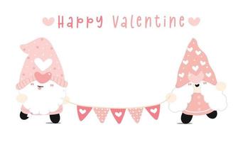 happy valentine schattig paar twee kabouters met hart vlag slinger, schattige cartoon platte vector
