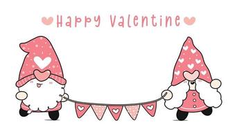 gelukkige valentijn schattig paar twee kabouters met Japanse hart vlag slinger, schattige cartoon platte vector hand tekenen schets