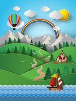 Zeilboot en wolk met regenboog. vector