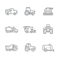 landbouwmachines lijn pictogrammen, tractor, vrachtwagen, pick-up, oogstmachine, combineren, landbouwvoertuigen, geïsoleerd op wit vector