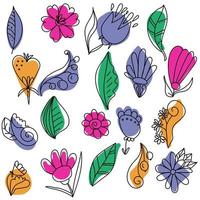 doodle set fantasieplanten, bladeren en bloemen op kleurvlekken, lineaire krullen en doodles voor ontwerp vector