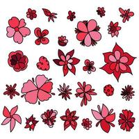 set doodle bloemen voor design, bloeiende planten in rode tinten vector