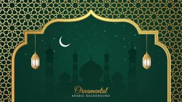 decoratieve islamitische boogpatroonachtergrond met lantaarns in Arabische stijl en halve maan en moskee vector