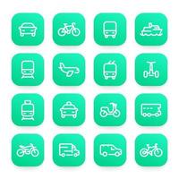 transportlijn iconen set, schip, trein, vliegtuig, fiets, auto, motor, bus, taxi, trolleybus, metro, lucht- en zeevervoer vector