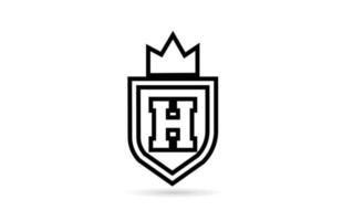 zwart-wit h alfabet letter pictogram logo met schild en koning kroon lijn ontwerp. creatieve sjabloon voor zaken en bedrijf vector
