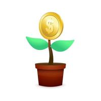 boom met gouden munt bloem in pot op witte achtergrond. geld besparen voor langetermijninvesteringsconcept. vector