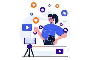 video bloggen modern plat concept voor webbannerontwerp. vrouw neemt video op mobiele telefoon op, publiceert inhoud en trekt nieuw publiek naar blog. vectorillustratie met geïsoleerde mensen scene vector