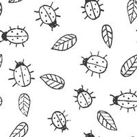 schattig zomerpatroon met handgetekende lieveheersbeestjes en bladeren. creatief zwart-wit ontwerp van oppervlakken voor textiel, achtergronden, prints, verpakkingen en kinderontwerpen vector