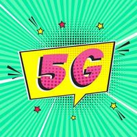 5g nieuwe draadloze internet wifi-verbinding komische stijl toespraak bubble uitroepteken tekst 5g vlakke stijl ontwerp vectorillustratie geïsoleerd op stralen achtergrond. nieuw mobiel internet 5g teken icoon in ballon. vector