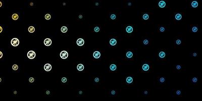 donkerblauwe, gele vectorachtergrond met covid-19 symbolen. vector