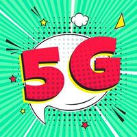 5g nieuwe draadloze internet wifi-verbinding komische stijl toespraak bubble uitroepteken tekst 5g vlakke stijl ontwerp vectorillustratie geïsoleerd op stralen achtergrond. nieuw mobiel internet 5g teken icoon in ballon. vector