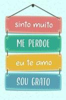 kleurrijke palletbelettering in Braziliaans Portugees. vertaling - het spijt me echt, vergeef me, ik hou van je, ik ben dankbaar vector