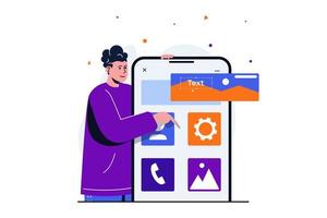 app-ontwikkeling modern plat concept voor webbannerontwerp. mannelijke ontwerper die grafische elementen en menuknoppen plaatst op de interface-indeling voor mobiele apps. vectorillustratie met geïsoleerde mensen scene vector