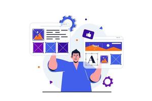 content manager modern plat concept voor webbannerontwerp. man optimaliseert de lay-out van de website en werkt met afbeeldingen, tekst en andere elementen in browsers. vectorillustratie met geïsoleerde mensen scene vector