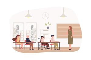 kinderen leren op school modern plat concept. leerlingen zitten aan bureaus, beantwoorden vragen van de leraar. onderwijs en toegankelijke klas voor gehandicapten. vectorillustratie met mensenscène voor webbannerontwerp vector