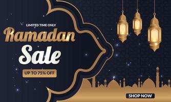 ramadan kareem verkoop aanbieding banner ontwerp met ornament lantaarn maan achtergrond voor promotie poster, social media sjabloon, korting, cadeau, voucher, web header en banner, wenskaart van eid mubarak vector