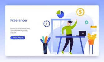 freelancer concept, externe online baan, man die overal met laptop werkt, bestemmingspaginasjabloon voor banner, flyer, ui, web, mobiele app, poster vector