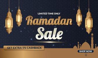 ramadan kareem verkoop aanbieding banner ontwerp met ornament lantaarn maan achtergrond voor promotie poster, social media sjabloon, korting, cadeau, voucher, web header en banner, wenskaart van eid mubarak vector