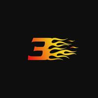 Nummer 3 Brandende vlam logo ontwerpsjabloon vector