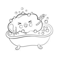 schattig zwart-wit contour getekende cartoon wolk baden in de badkamer. cartoon vectorillustratie. kawaii, geïsoleerde vectorillustratie voor kinderen. wolk illustratie. kleurplaat. vector