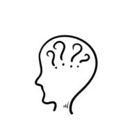 hand getrokken doodle groot hoofd met vraagtekens in hersenen pictogram vector