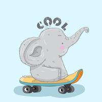 Leuke kleine olifant op een skateboard vector