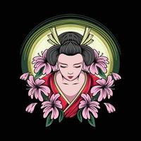 Japanse geisha vrouw illustratie met bloemen voor t-shirt ontwerp en print vector