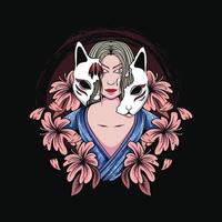 Japanse geisha vrouw illustratie met kitsune masker en bloemen voor t-shirt ontwerp en print vector