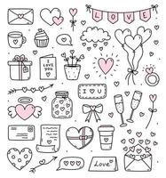 schattige set doodles voor Valentijnsdag - liefdesbrieven en kaarten, harten, ballonnen, geschenken, champagne, gors en anderen. vector handgetekende illustratie. perfect voor vakantieontwerpen, stickers, decor.