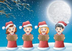 kinderen in rood kerstkostuum zingen kerstliederen op winternacht vector