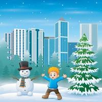 schattig een jongen en een sneeuwpop op de besneeuwde achtergrond van het stadspark vector