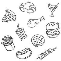 fastfood doodle pictogrammen. handgemaakte lijntekeningen. menu-restaurant. beroemd voedsel. logo symbool ontwerp. vector illustratie