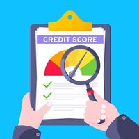 hand houdt credit score meter snelheidsmeter indicator met kleurniveaus op klembord. vector