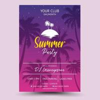 zomerfeest flyer met kokospalm silhouet achtergrond vector