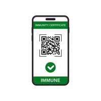 immuniteitscertificaat in mobiele telefoon. digitale groene pas in smartphonepictogram. gecontroleerd immuniteitscertificaat met scan qr-code in mobiele telefoon. epidemiebestrijdingsdocument. geïsoleerde vectorillustratie. vector