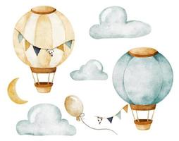 aquarel set met heteluchtballonnen en slinger. vector