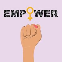 vrouw vuist opgewekt. empowerment, feminisme concept illustratie. vrouwelijk geslacht. geïsoleerde hand op paarse achtergrond. vector