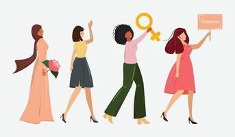 feminisme en gelijkheid gender concept illustratie. groep gelukkige diverse vrouwen. vier vrouwen van verschillende nationaliteiten lopen samen en tonen hun empowerment. vector